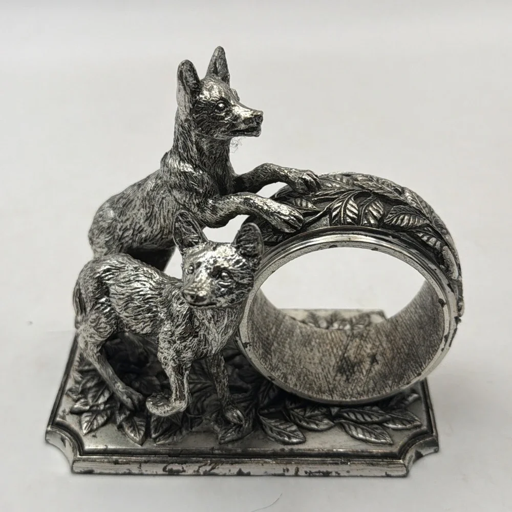 Franklin Mint Animals At Play Napkin Ring Silver Plate Canine Vintage 1977